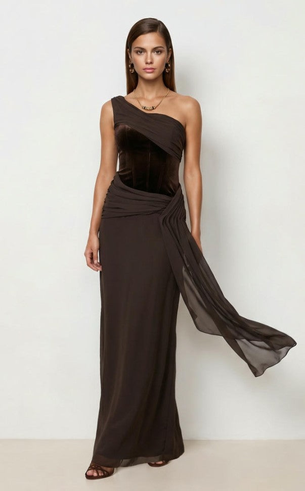 VELVET BUSTIER CHIFFON DRESS