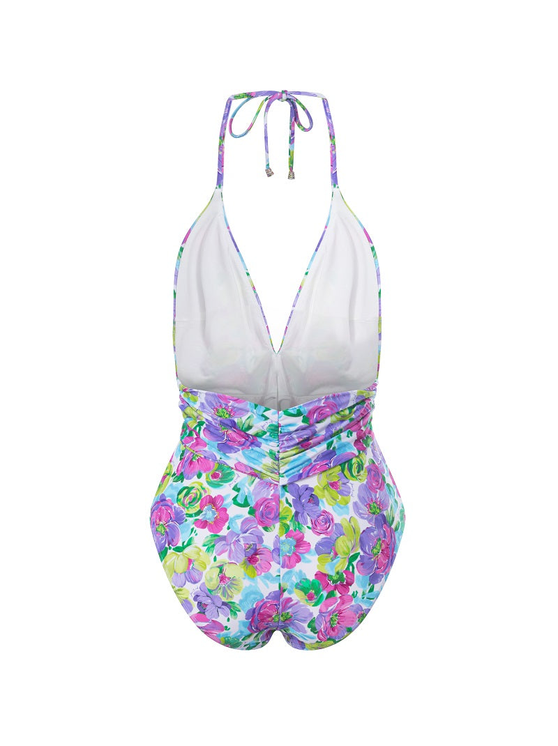 Flower print self-tie swimsuit