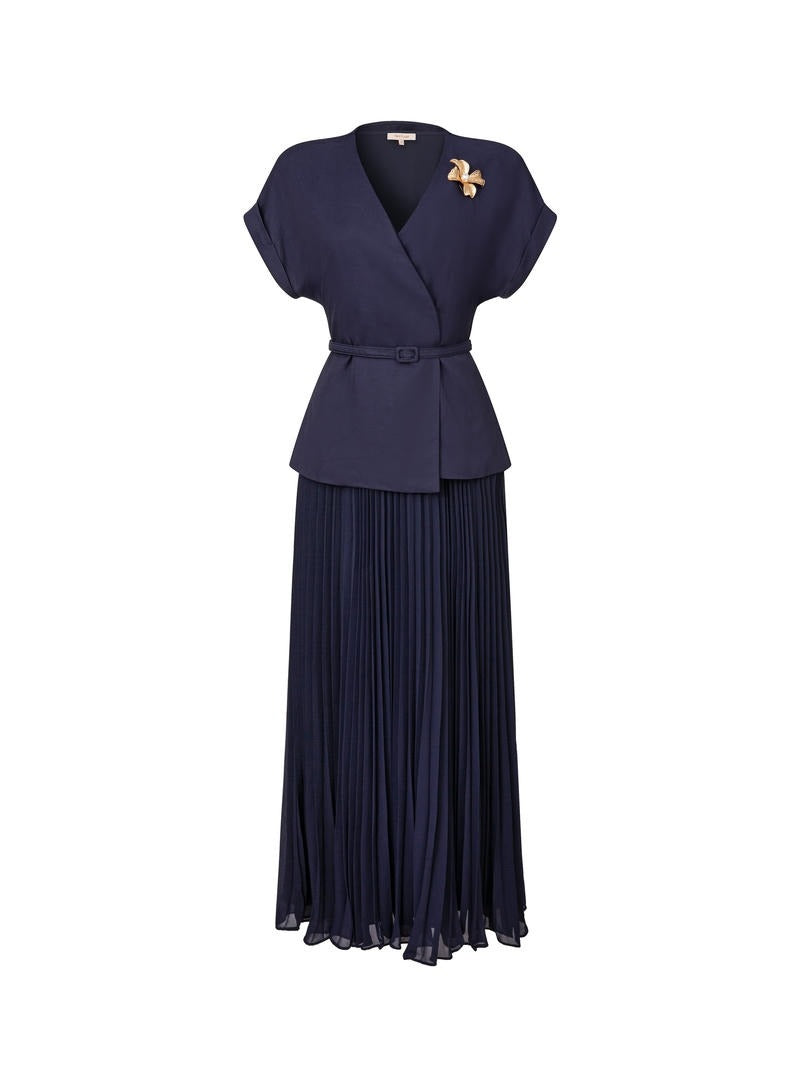 Pleated Maxi Dress with Brooch