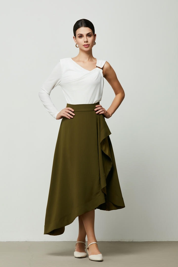 Olive Asymmetrical Crepe Skirt