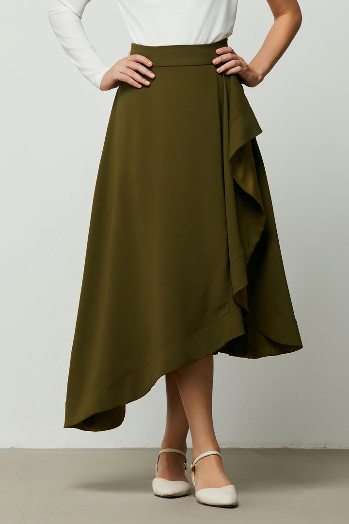 Olive Asymmetrical Crepe Skirt