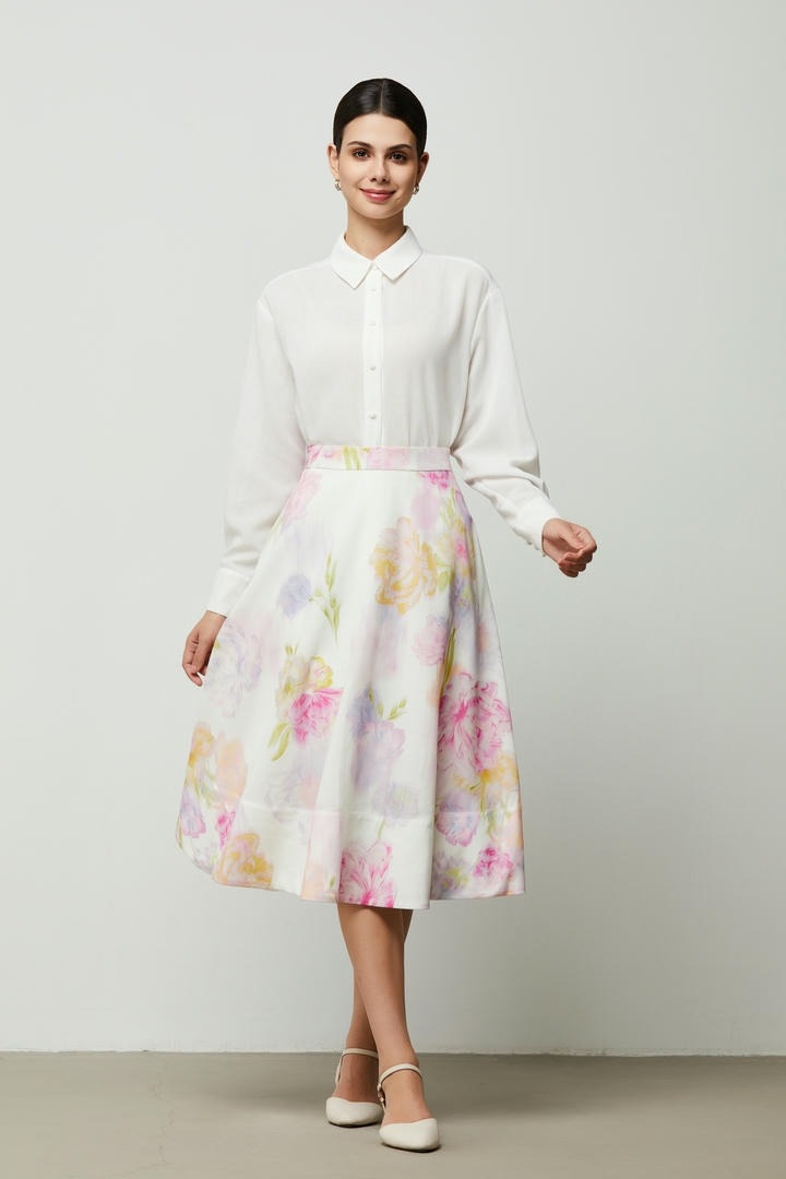 Floral Cotton Linen Midi Skirt