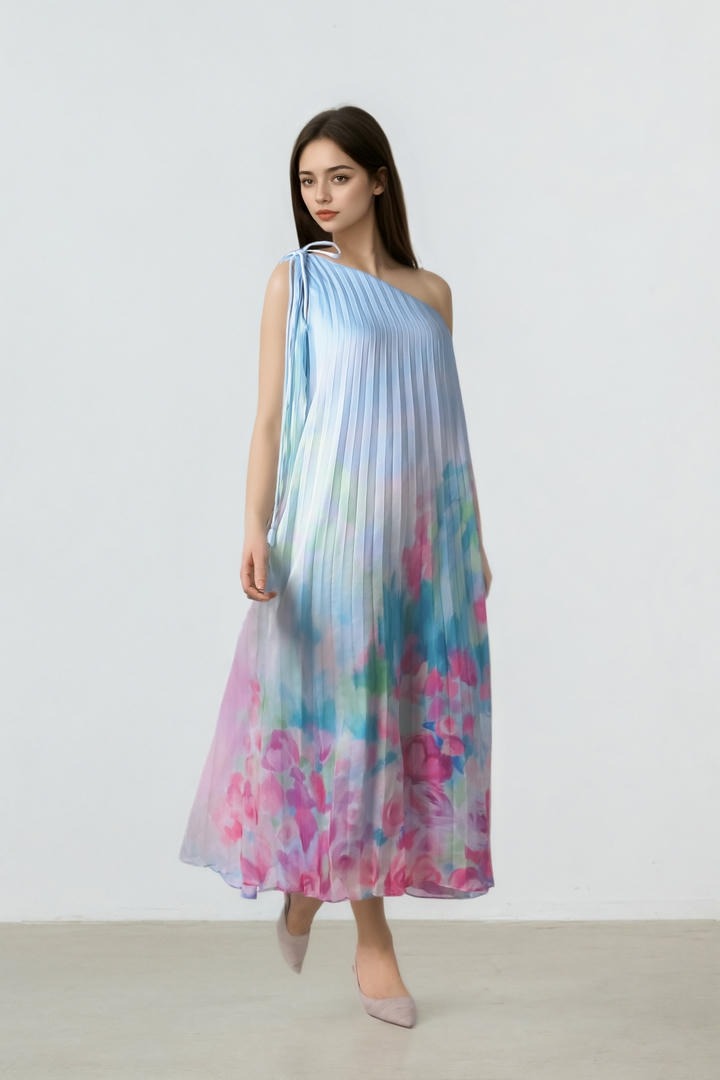 One-shoulder Pleated Dress