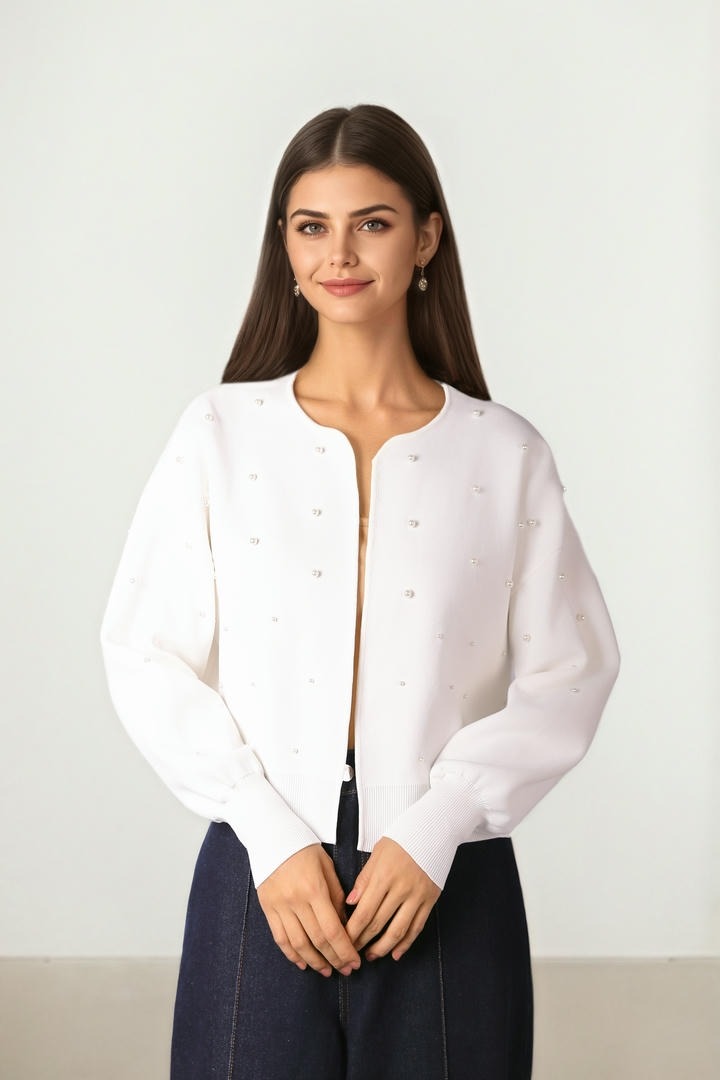 Pearl-Embellished Cropped Cardigan