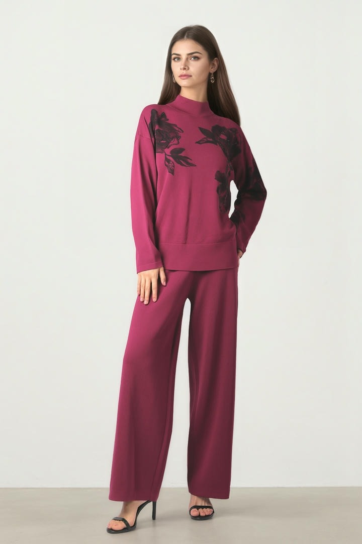 Burgundy Wide-Leg Knit Pants