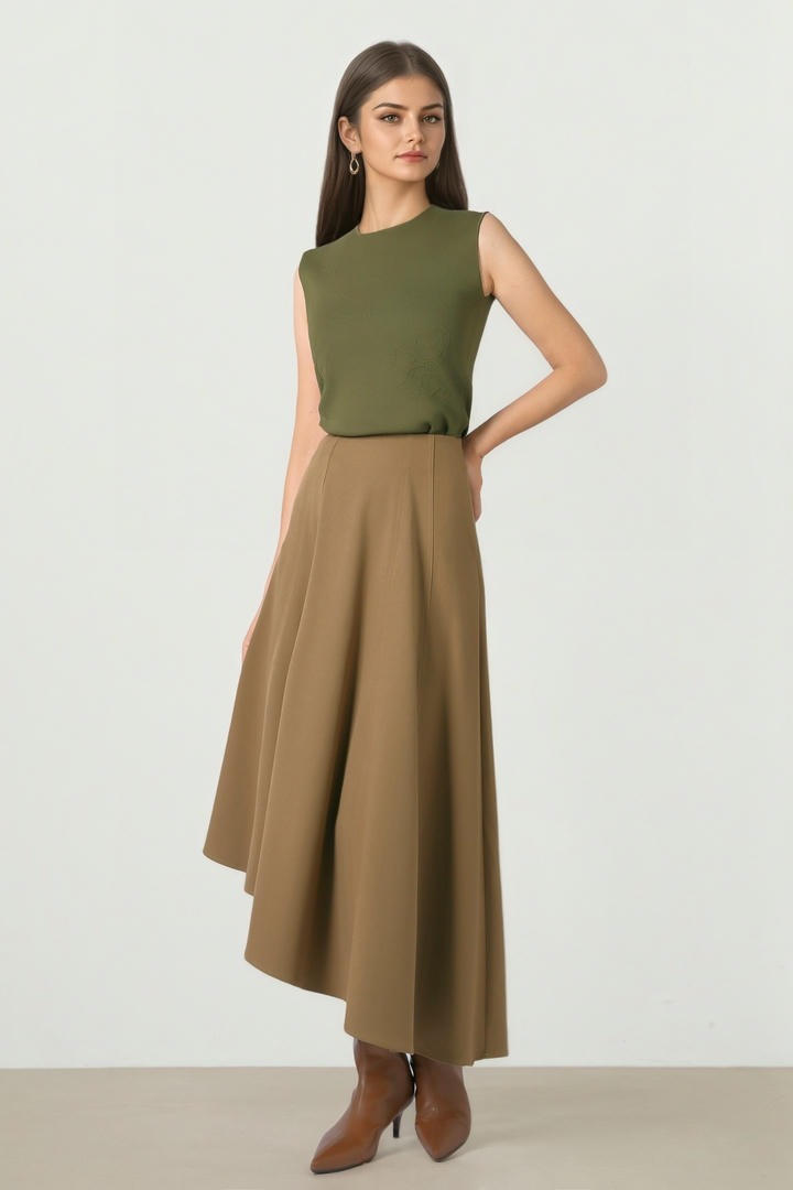 Tan Wool-Look Midi Skirt
