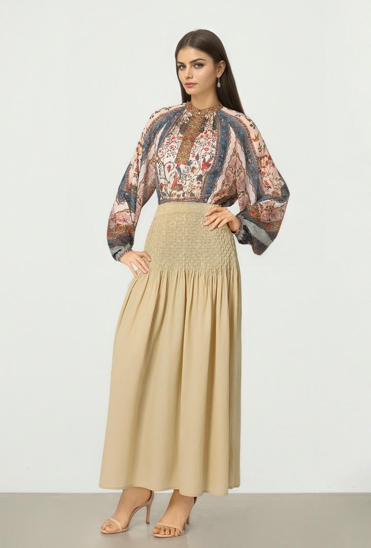 Beige Smocked Skirt