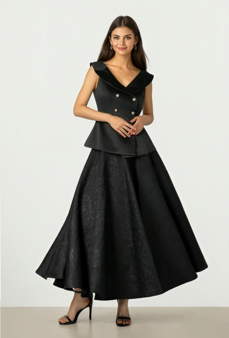 Black Brocade Flare Skirt
