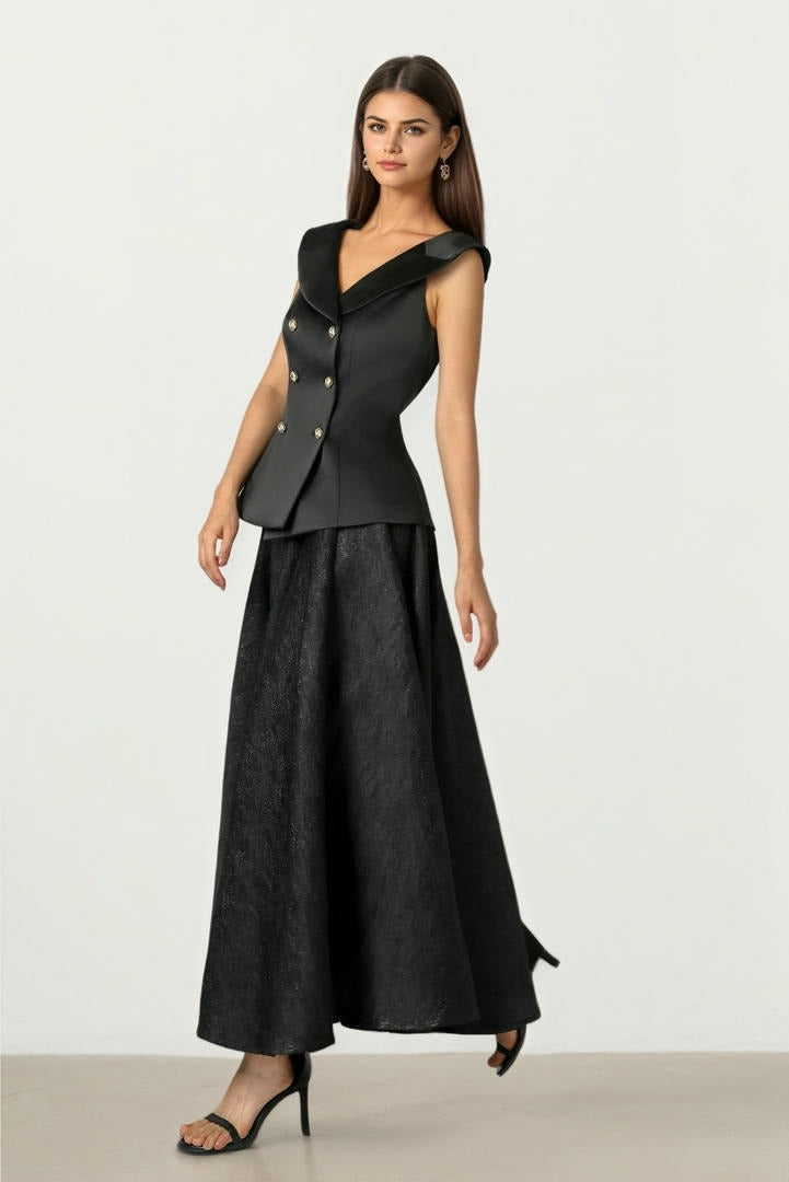 Black Brocade Flare Skirt
