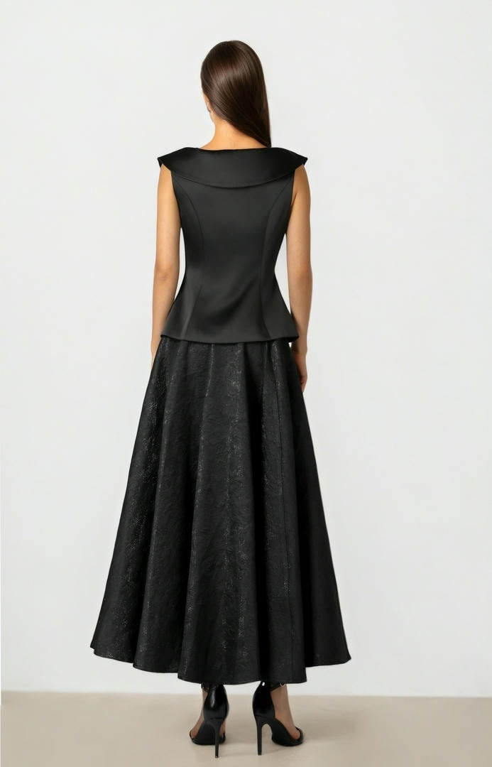 Black Brocade Flare Skirt