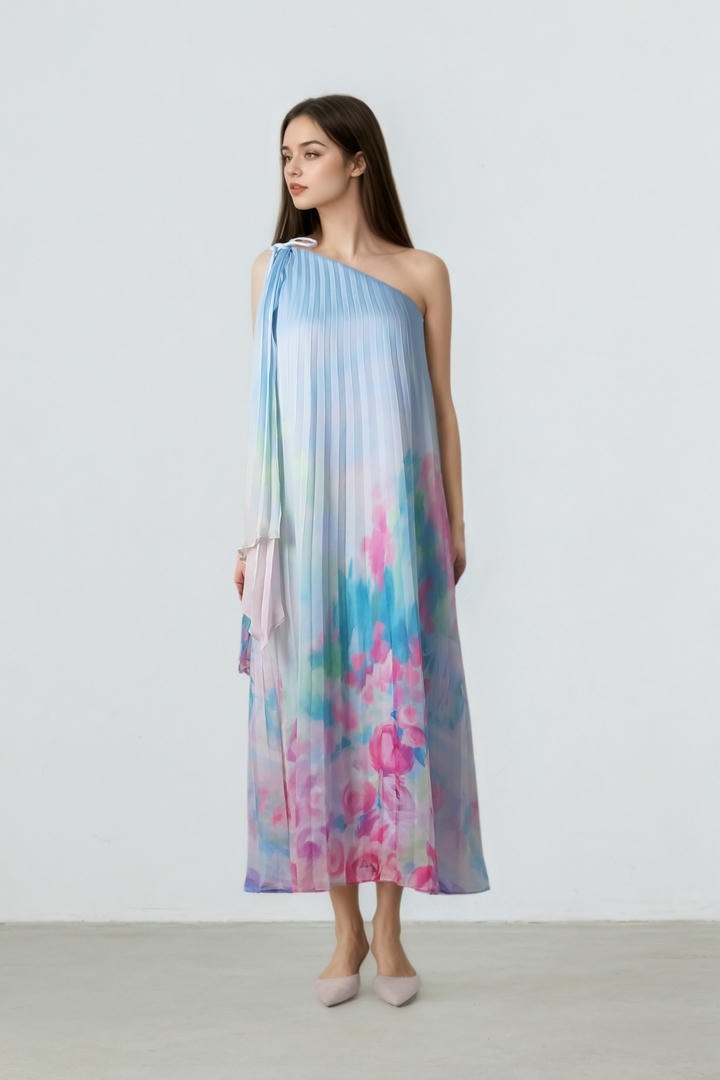 One-shoulder Pleated Dress