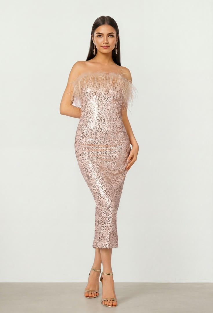 Feather Trim Sequin Dress