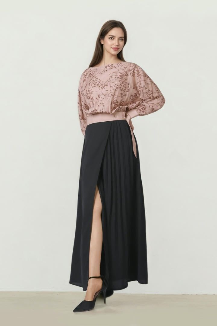 Black Pleated Crepe Maxi Skirt