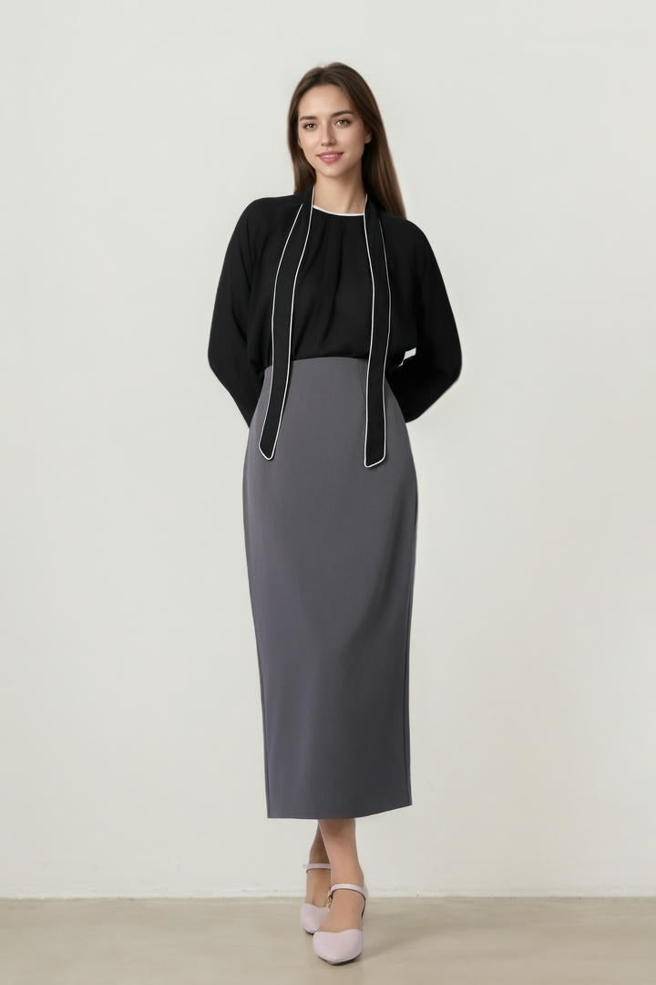 Contrast Tie-Neck Crepe Top
