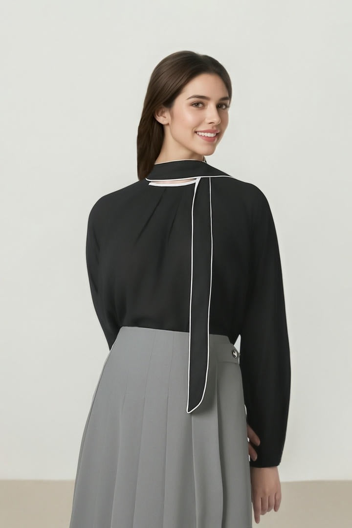 Contrast Tie-Neck Crepe Top