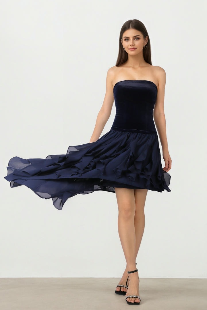 Velvet Dress with Chiffon Ruffle Hem