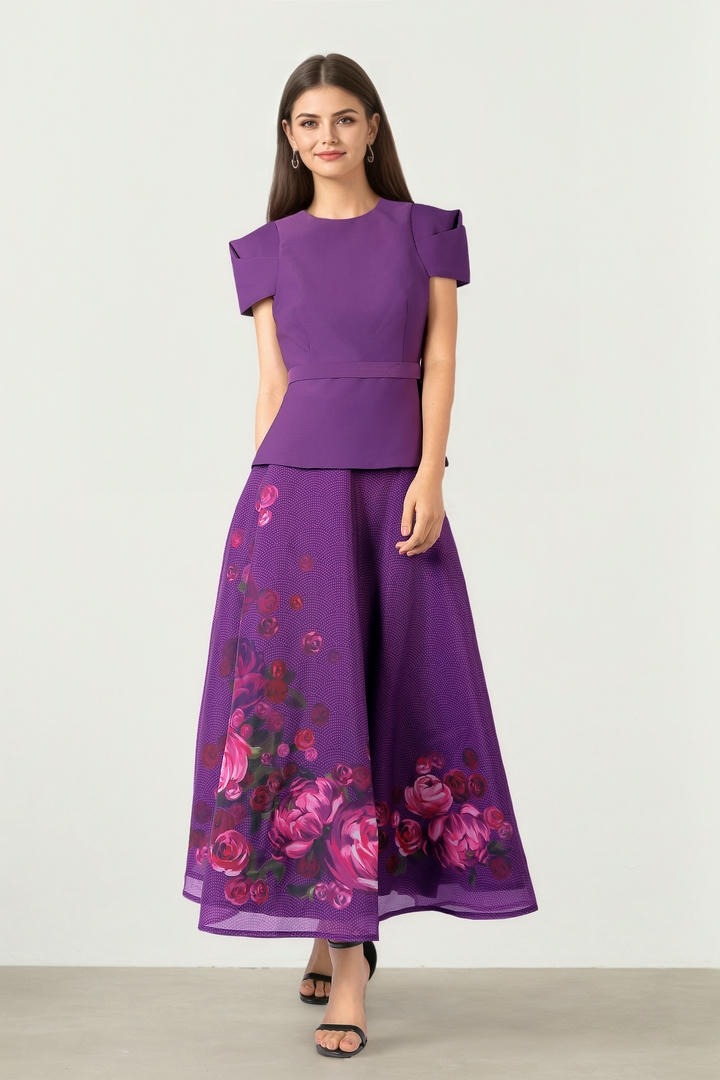 Fitted Peplum Top in Purple Crepe