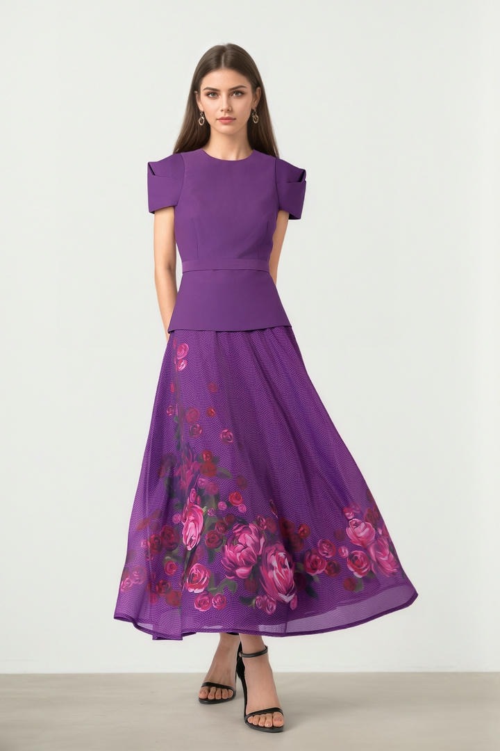 Fitted Peplum Top in Purple Crepe