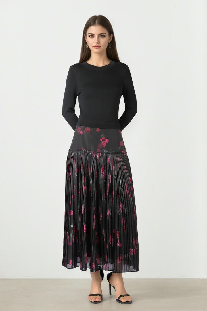 Knit & Chiffon Midi Dress