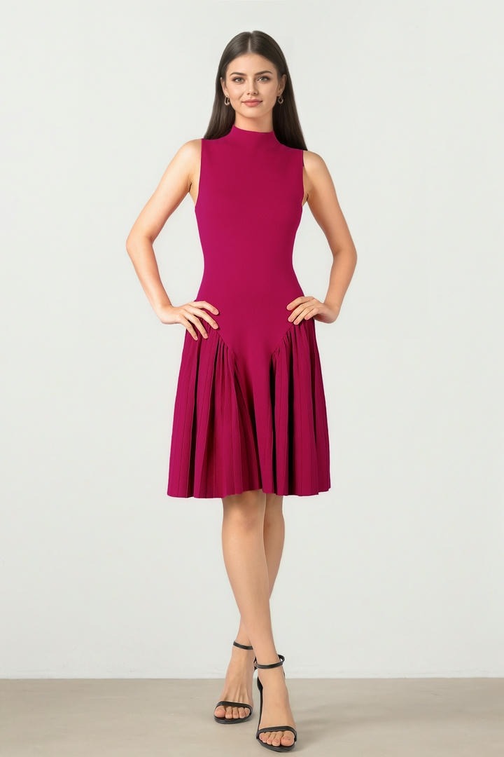 Burgundy Knit Dress with Pleats