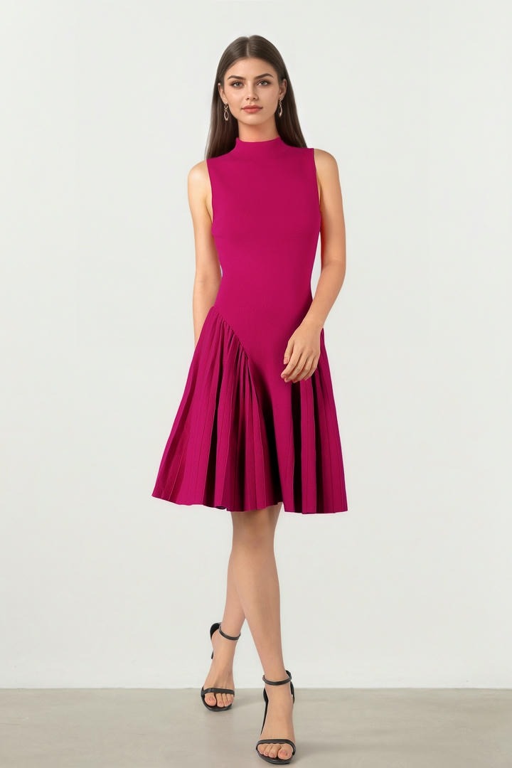Burgundy Knit Dress with Pleats