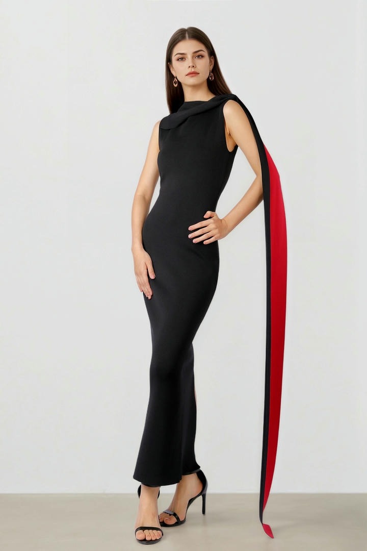 Knit Dress with Shoulder Scarf