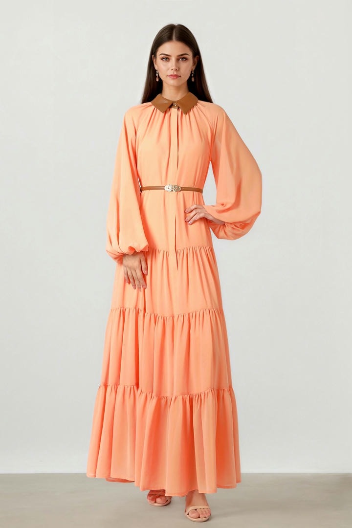 chiffon dress with a leather collar