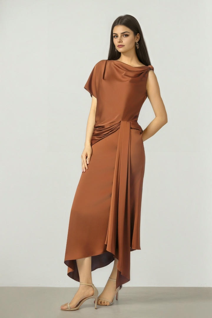 Mocha Satin Midi Dress