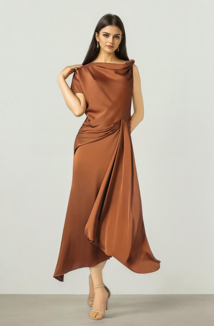 Mocha Satin Midi Dress