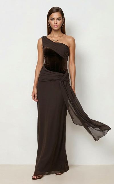 VELVET BUSTIER CHIFFON DRESS