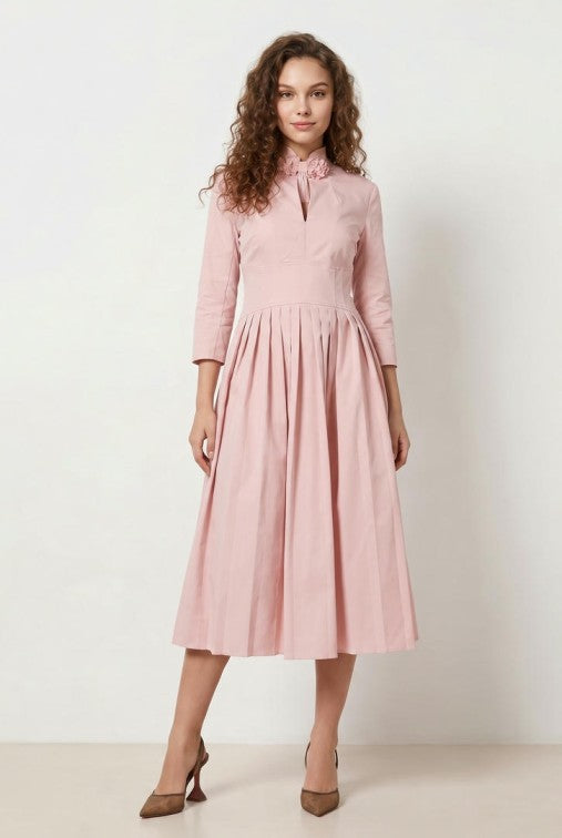 STAND COLLAR PLEATED MIDI DRESS