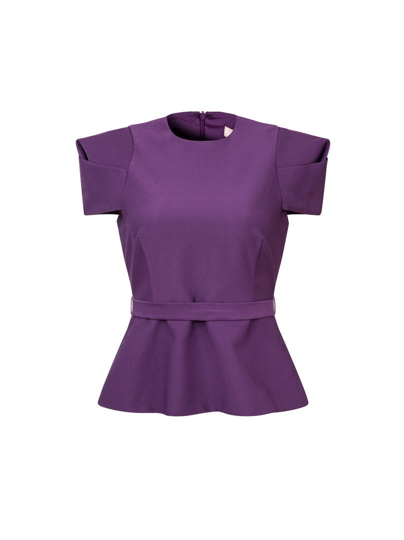 Fitted Peplum Top in Purple Crepe