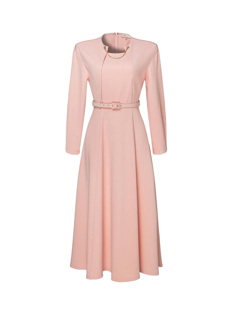 Long Sleeve Belted Waist Midi Dress