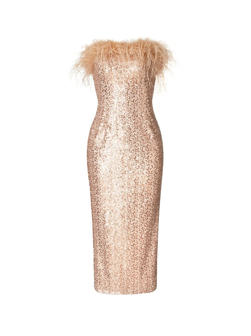 Feather Trim Sequin Dress